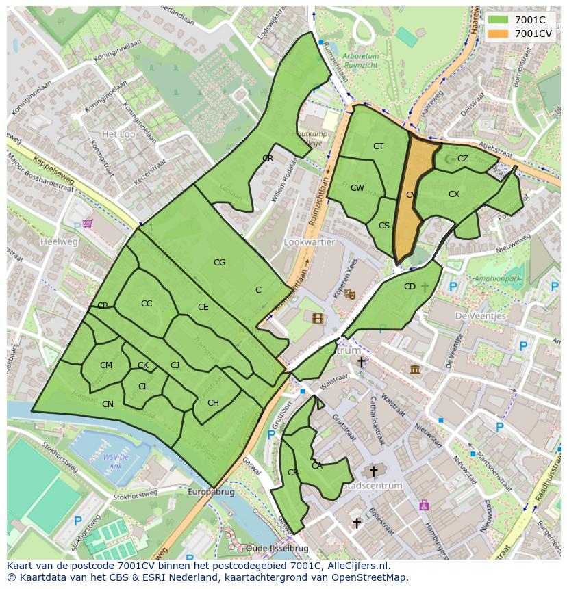 Afbeelding van het postcodegebied 7001 CV op de kaart.