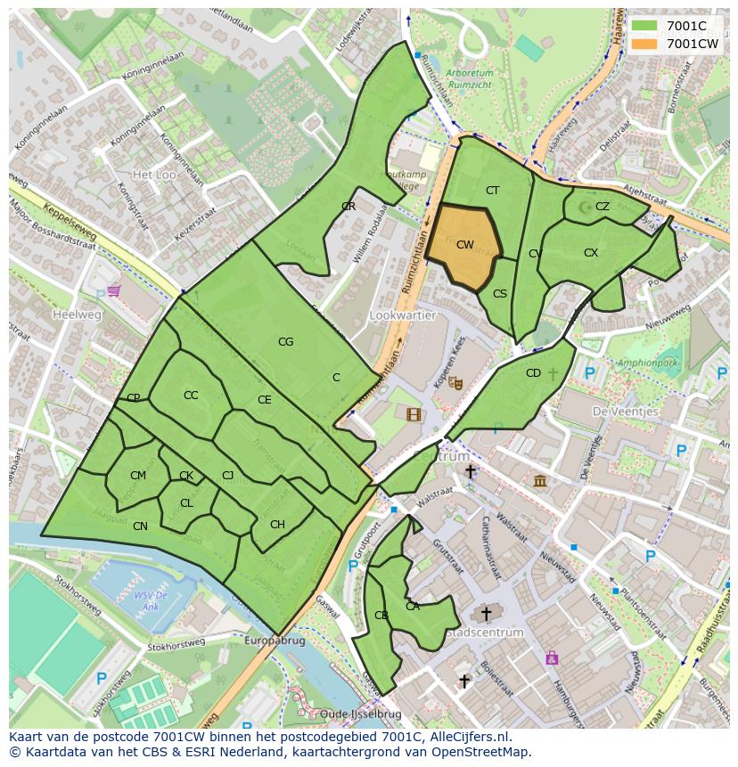 Afbeelding van het postcodegebied 7001 CW op de kaart.