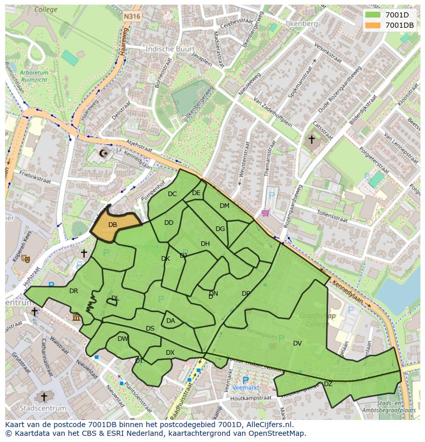 Afbeelding van het postcodegebied 7001 DB op de kaart.