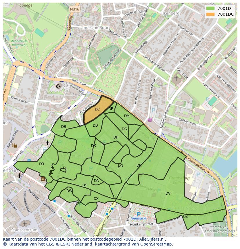 Afbeelding van het postcodegebied 7001 DC op de kaart.