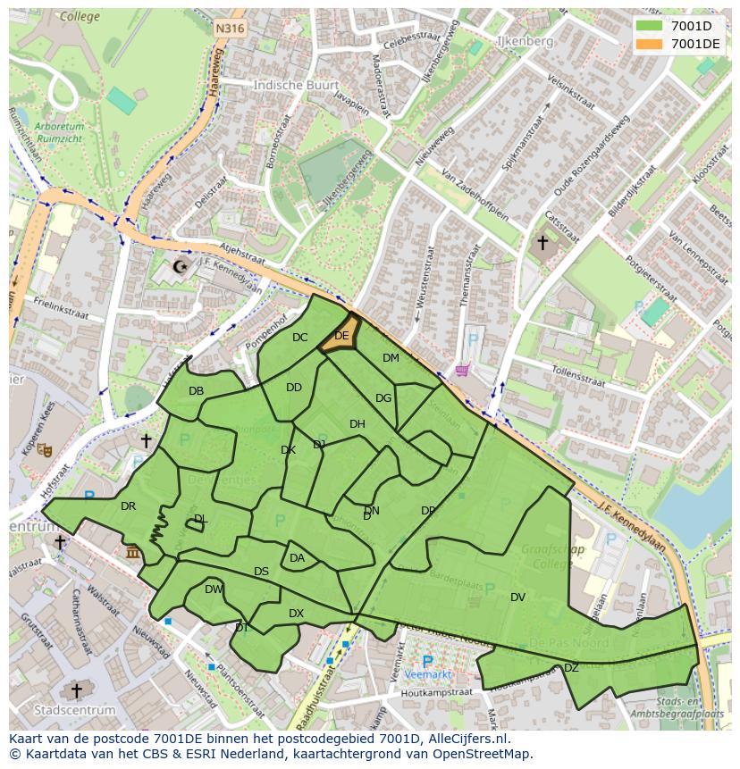 Afbeelding van het postcodegebied 7001 DE op de kaart.