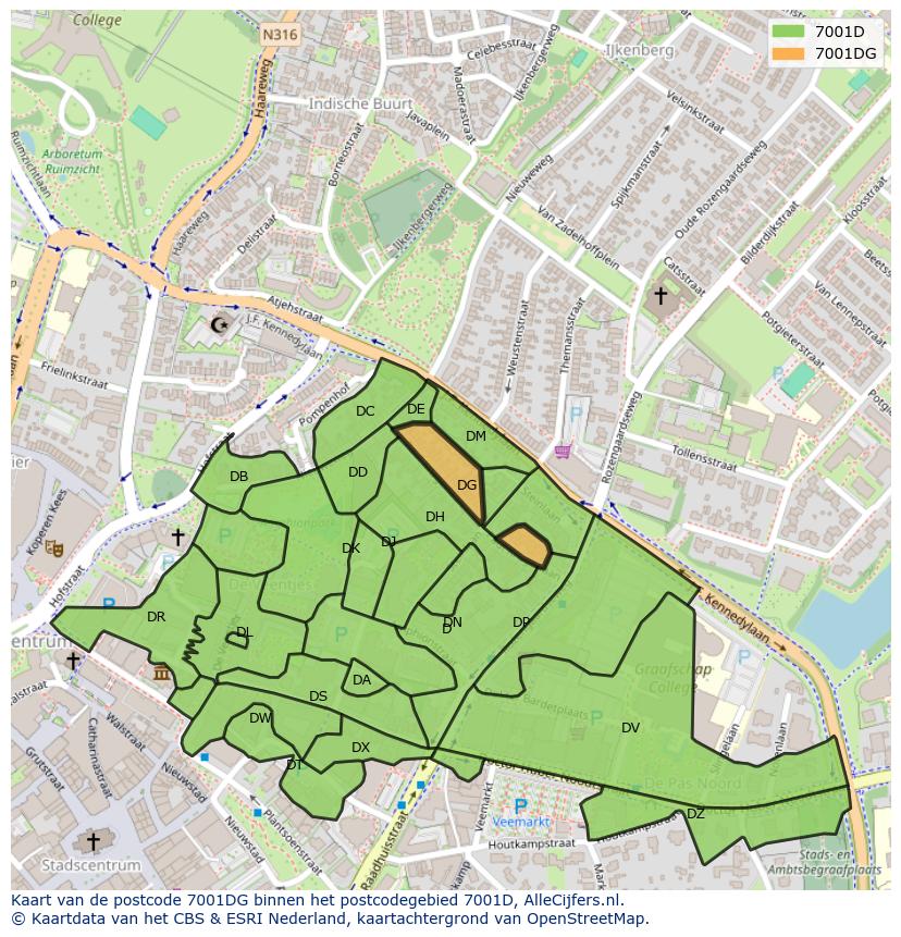 Afbeelding van het postcodegebied 7001 DG op de kaart.
