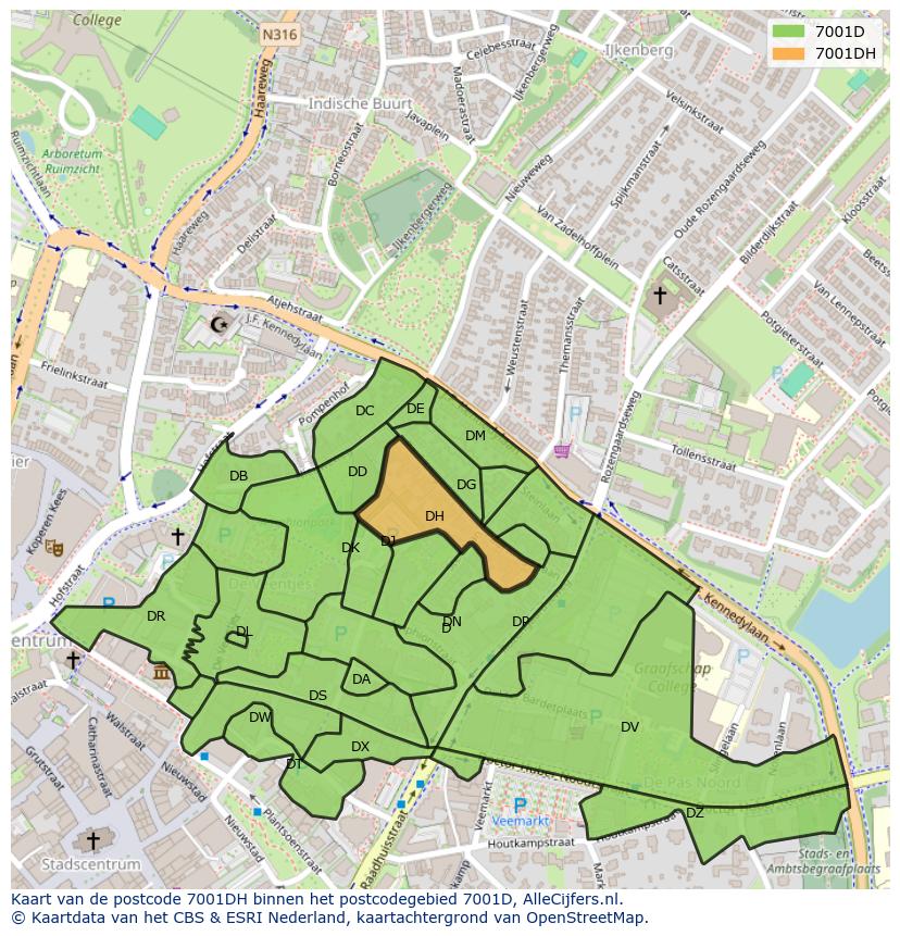 Afbeelding van het postcodegebied 7001 DH op de kaart.