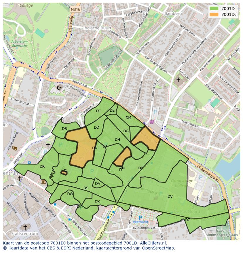 Afbeelding van het postcodegebied 7001 DJ op de kaart.