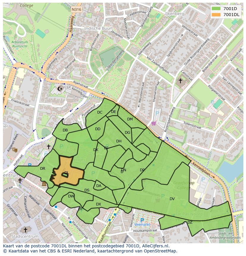 Afbeelding van het postcodegebied 7001 DL op de kaart.