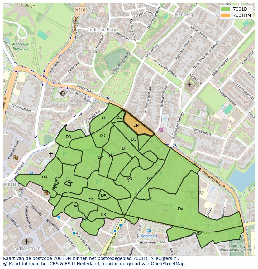 Afbeelding van het postcodegebied 7001 DM op de kaart.