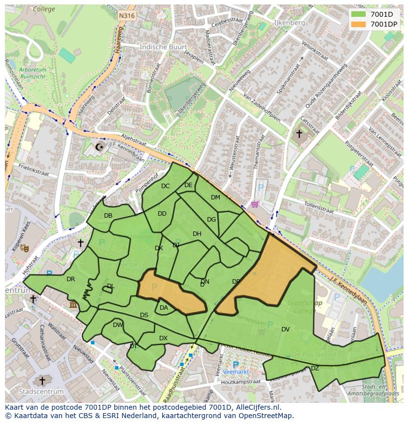 Afbeelding van het postcodegebied 7001 DP op de kaart.