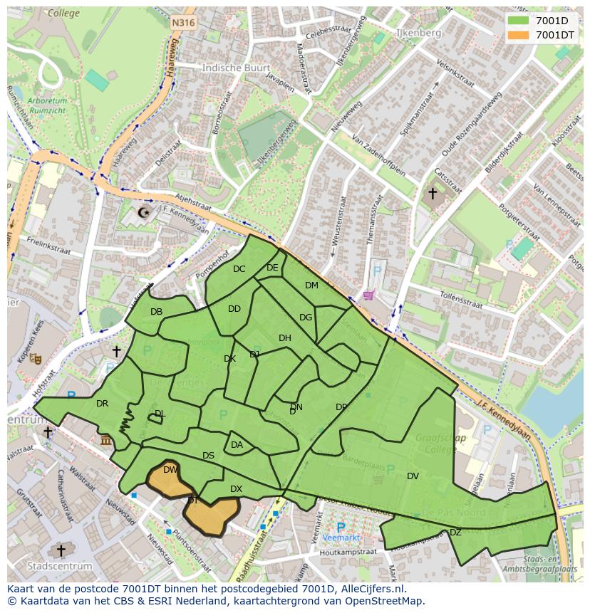 Afbeelding van het postcodegebied 7001 DT op de kaart.