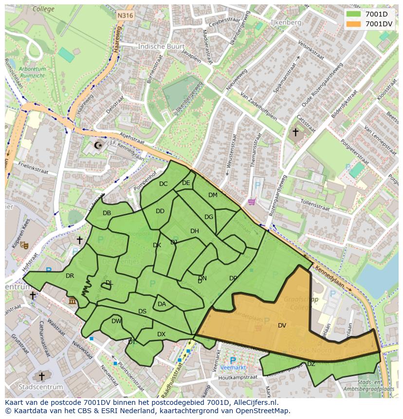Afbeelding van het postcodegebied 7001 DV op de kaart.