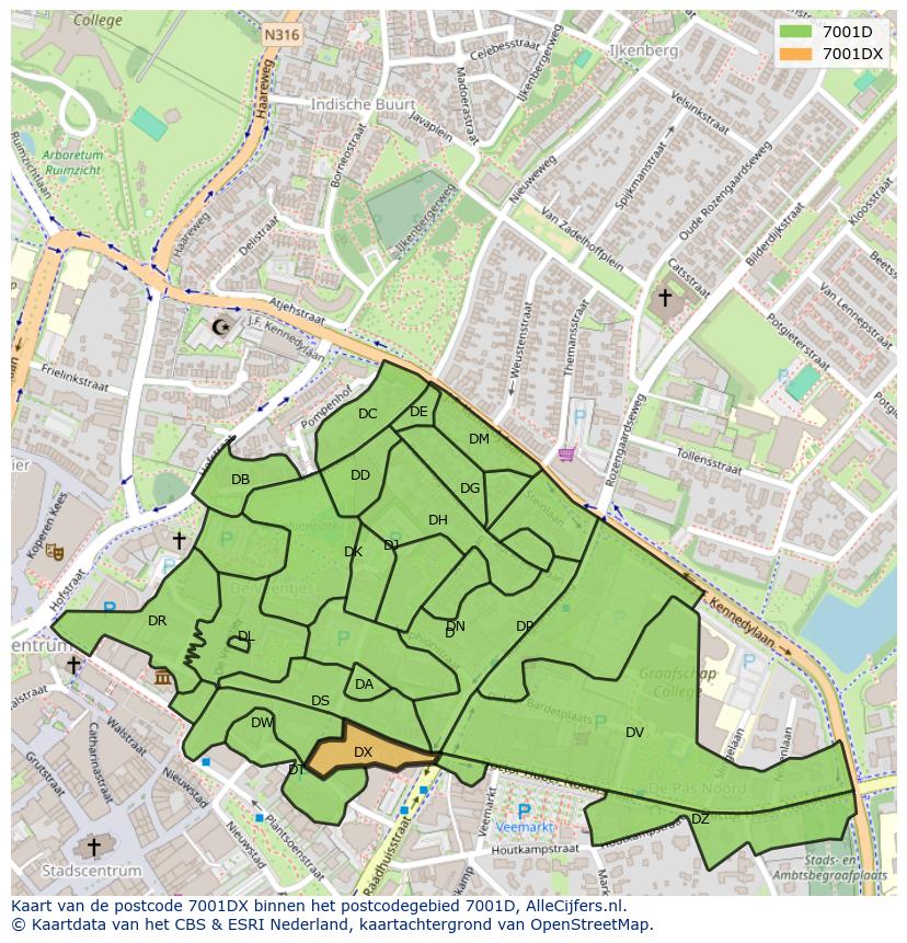 Afbeelding van het postcodegebied 7001 DX op de kaart.
