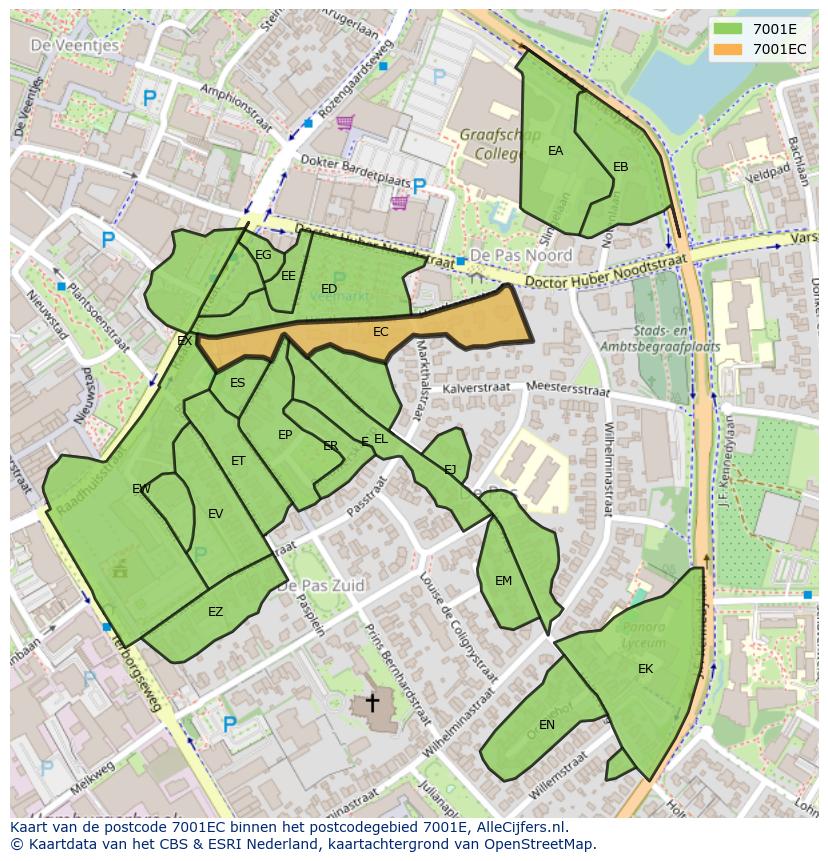 Afbeelding van het postcodegebied 7001 EC op de kaart.