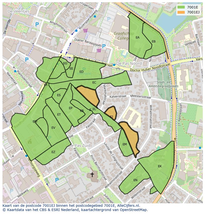 Afbeelding van het postcodegebied 7001 EJ op de kaart.
