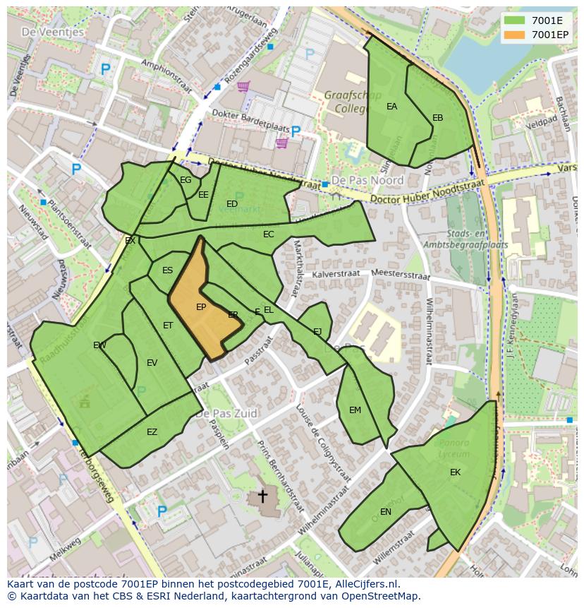 Afbeelding van het postcodegebied 7001 EP op de kaart.