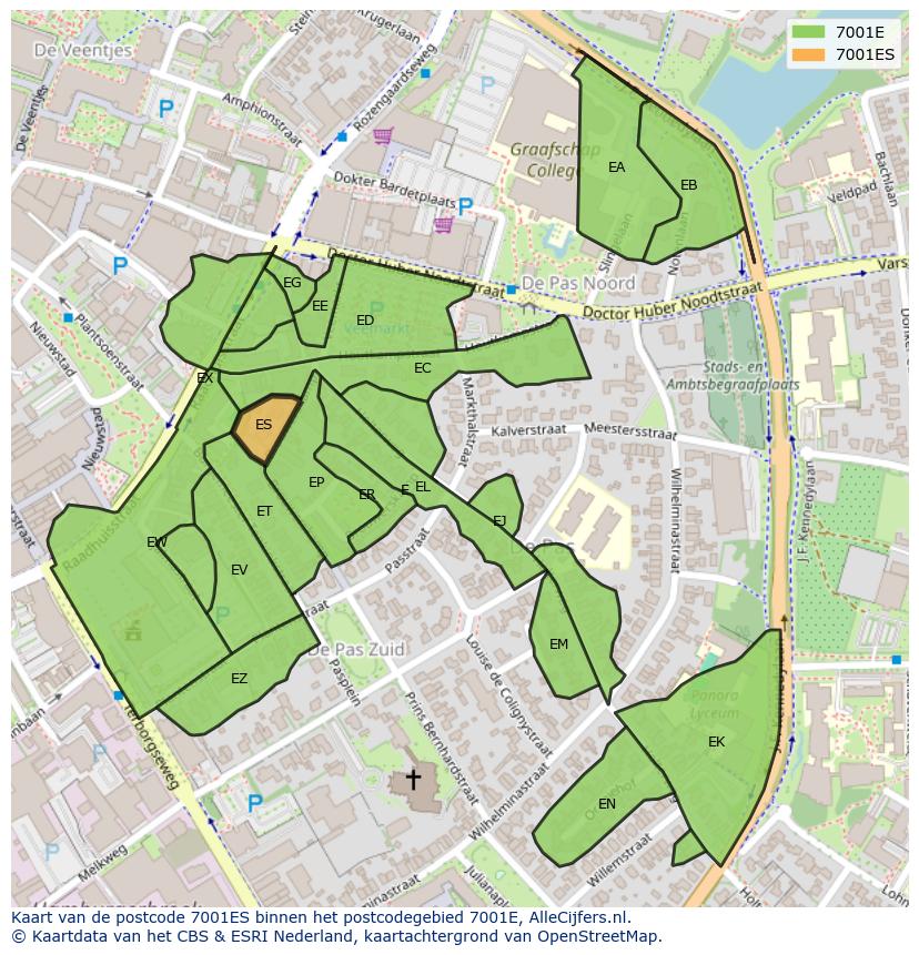 Afbeelding van het postcodegebied 7001 ES op de kaart.
