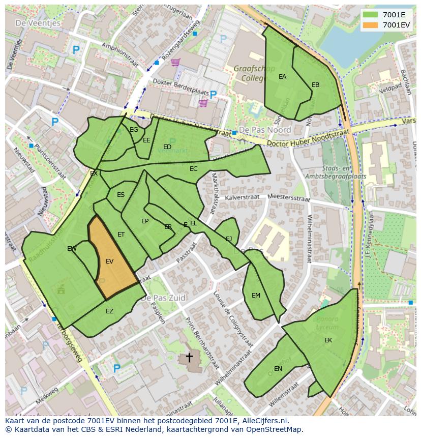 Afbeelding van het postcodegebied 7001 EV op de kaart.