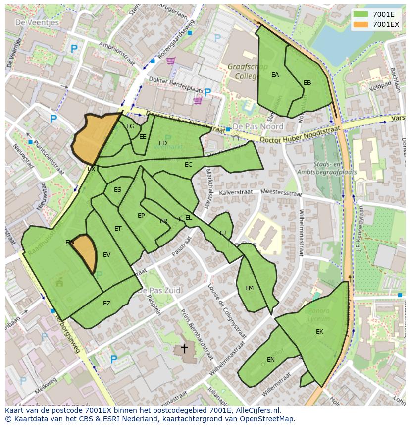 Afbeelding van het postcodegebied 7001 EX op de kaart.