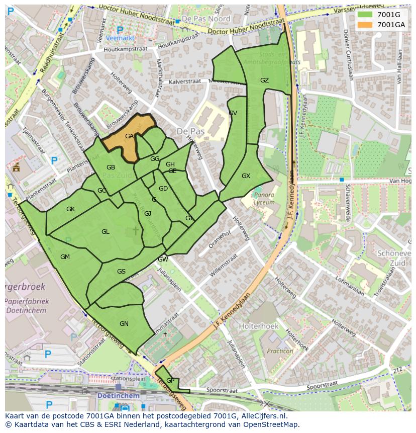 Afbeelding van het postcodegebied 7001 GA op de kaart.