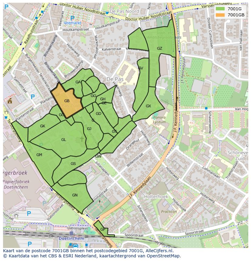 Afbeelding van het postcodegebied 7001 GB op de kaart.
