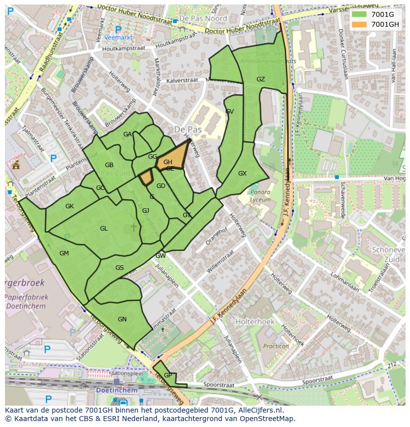 Afbeelding van het postcodegebied 7001 GH op de kaart.