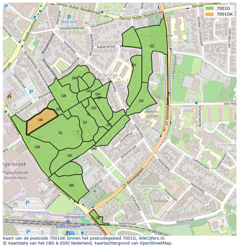 Afbeelding van het postcodegebied 7001 GK op de kaart.