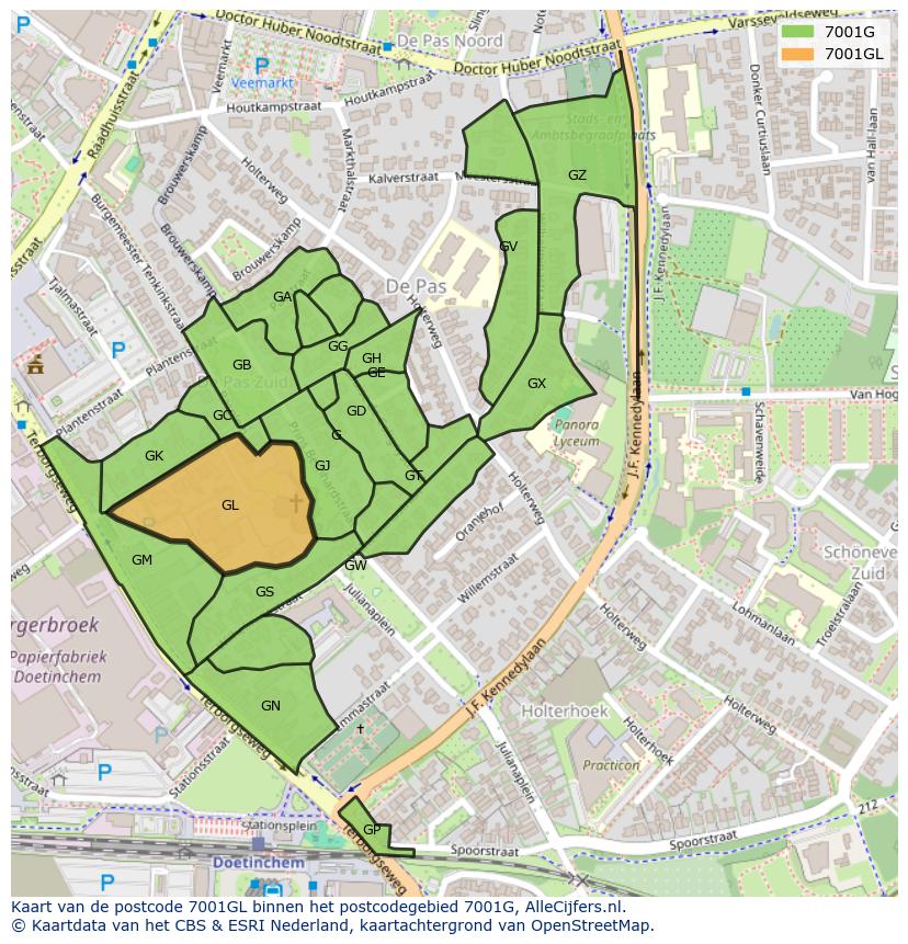 Afbeelding van het postcodegebied 7001 GL op de kaart.