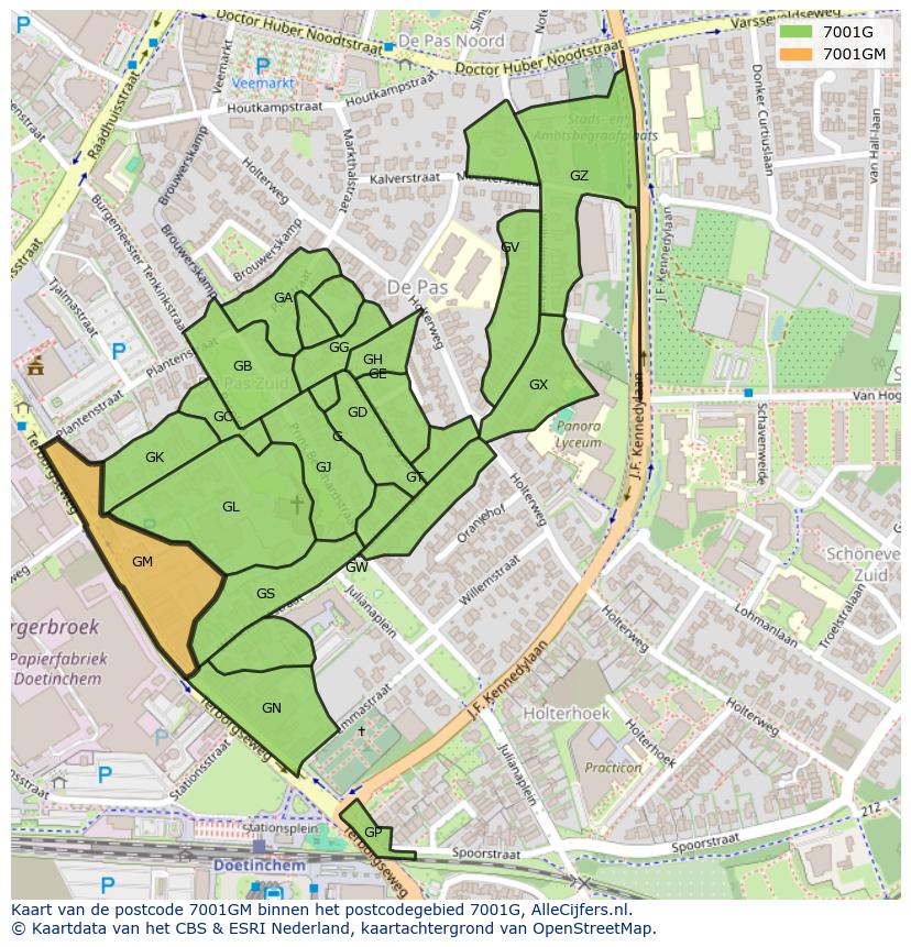 Afbeelding van het postcodegebied 7001 GM op de kaart.