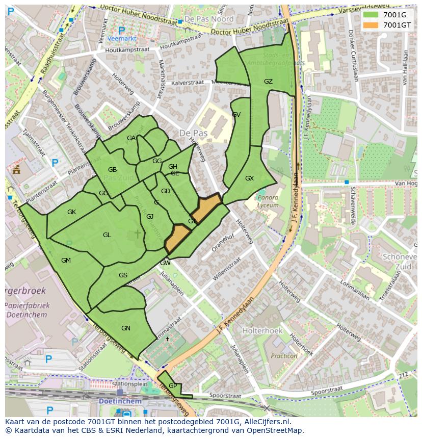 Afbeelding van het postcodegebied 7001 GT op de kaart.