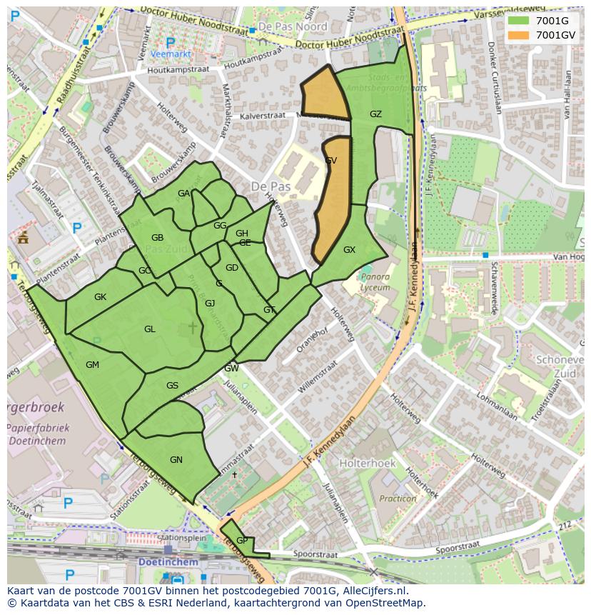 Afbeelding van het postcodegebied 7001 GV op de kaart.
