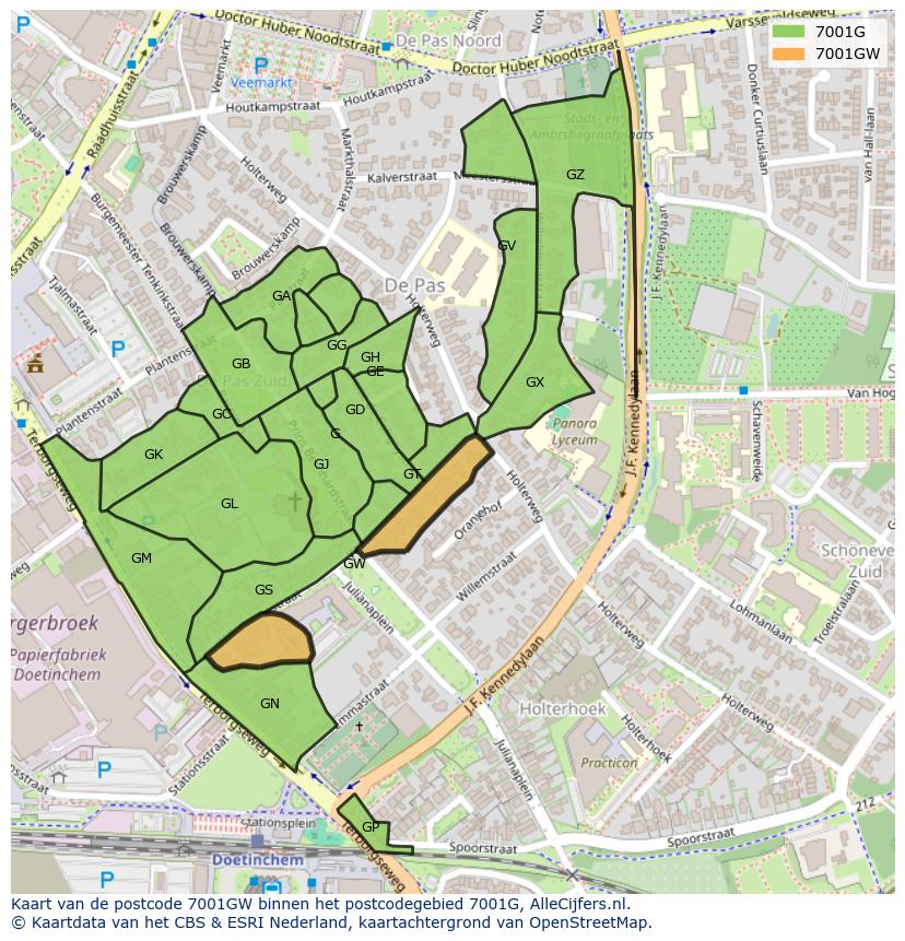 Afbeelding van het postcodegebied 7001 GW op de kaart.