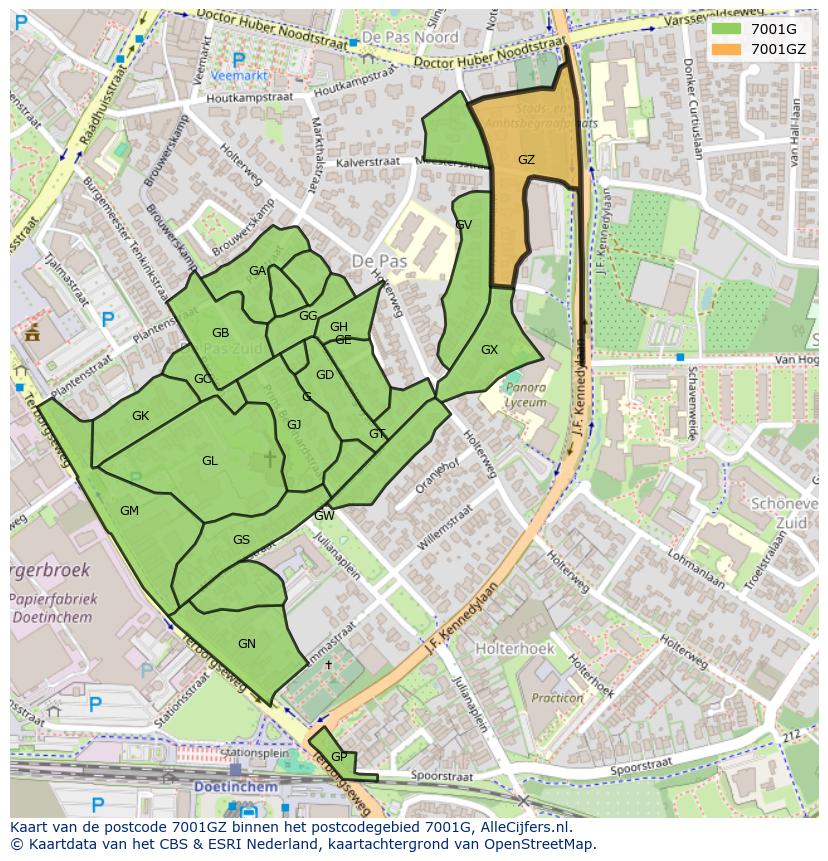 Afbeelding van het postcodegebied 7001 GZ op de kaart.