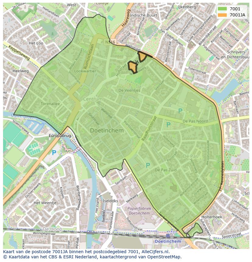Afbeelding van het postcodegebied 7001 JA op de kaart.