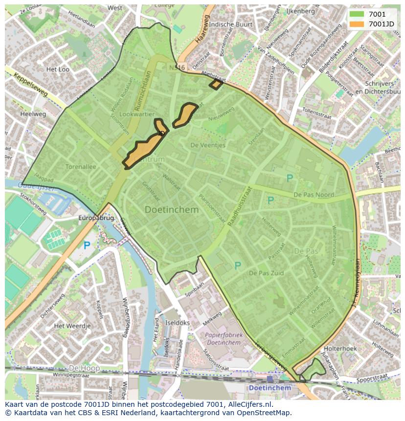 Afbeelding van het postcodegebied 7001 JD op de kaart.