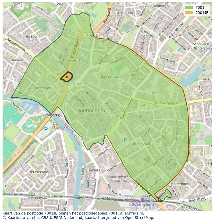 Afbeelding van het postcodegebied 7001 JE op de kaart.