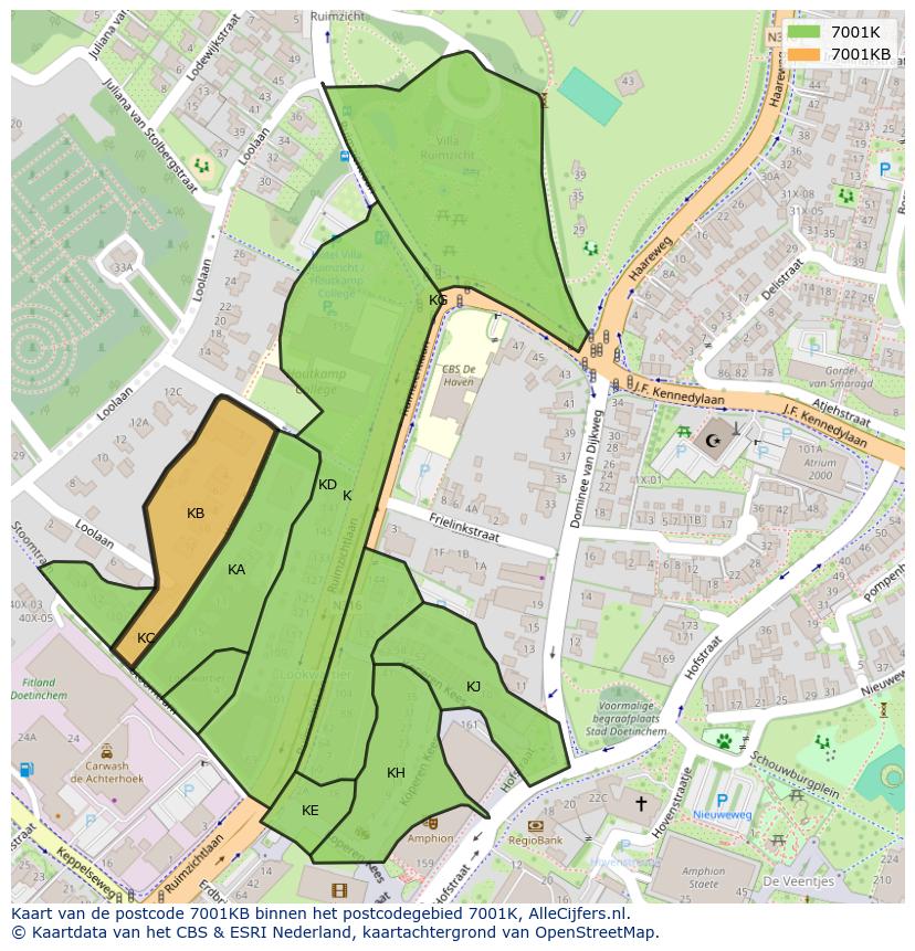 Afbeelding van het postcodegebied 7001 KB op de kaart.