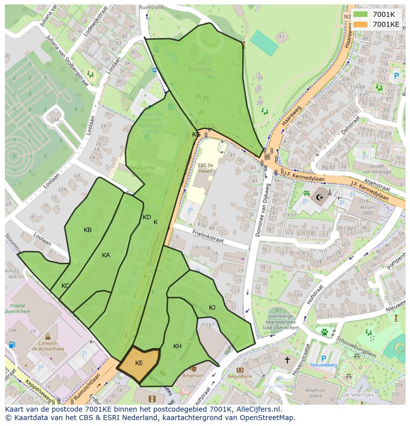 Afbeelding van het postcodegebied 7001 KE op de kaart.