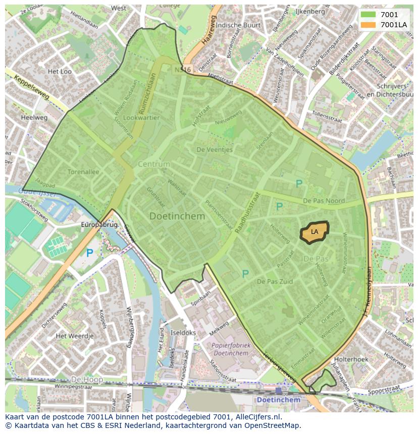 Afbeelding van het postcodegebied 7001 LA op de kaart.