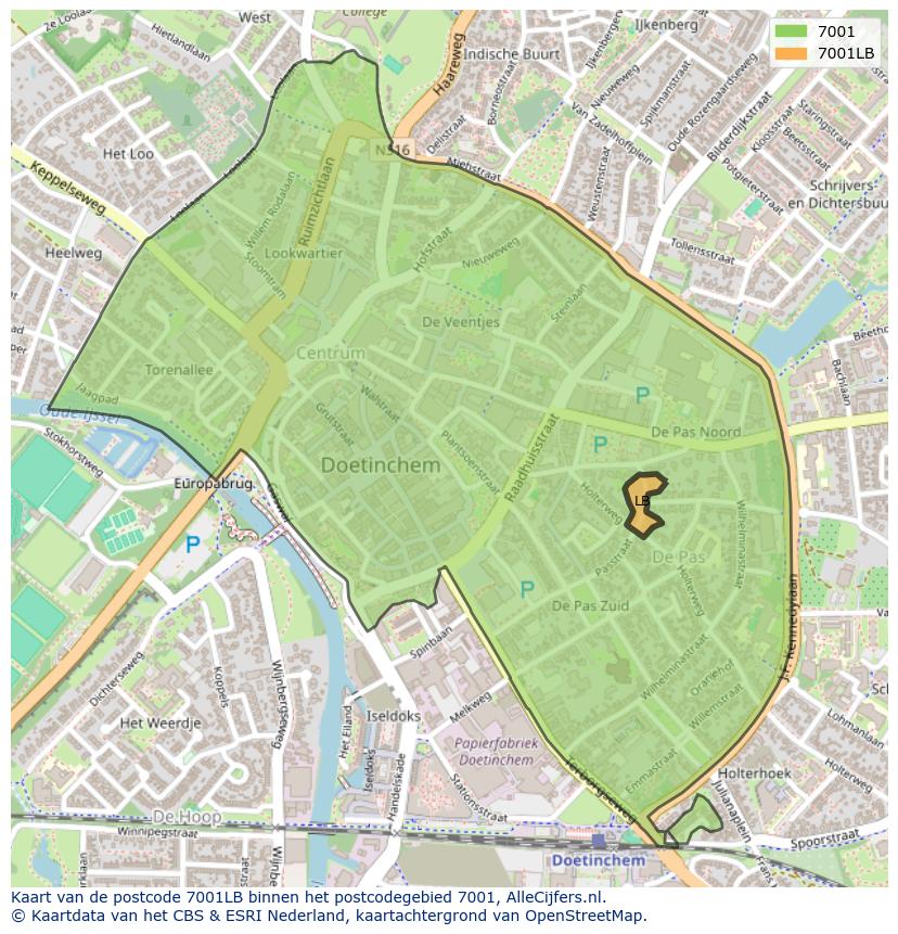 Afbeelding van het postcodegebied 7001 LB op de kaart.