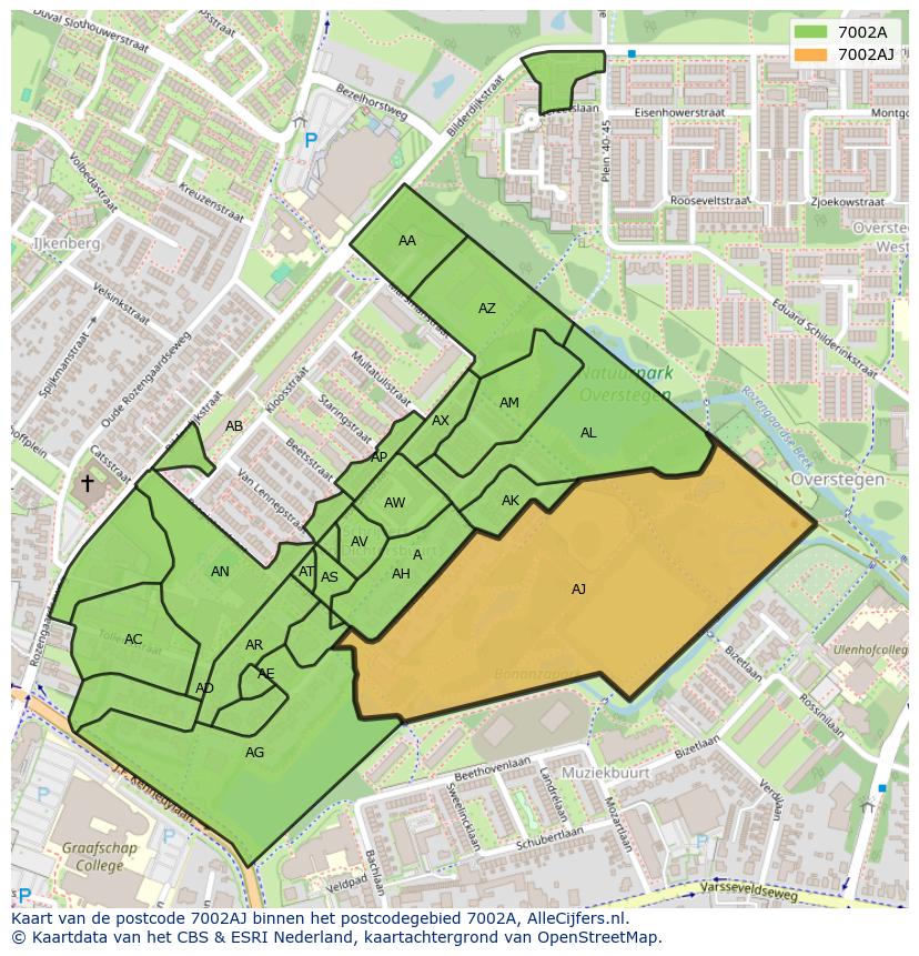 Afbeelding van het postcodegebied 7002 AJ op de kaart.