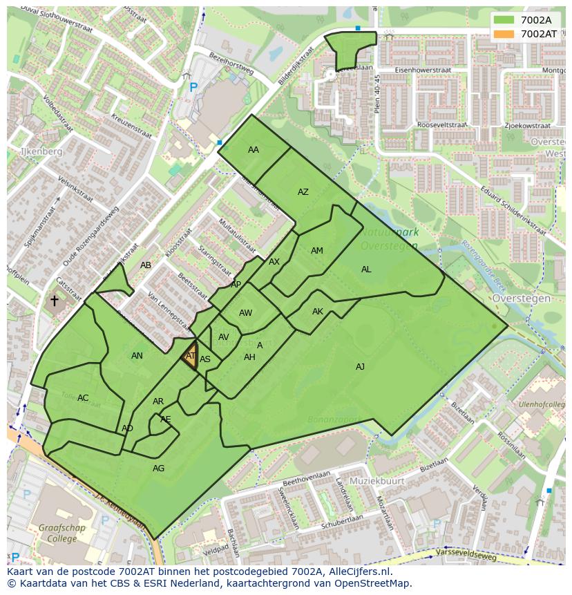 Afbeelding van het postcodegebied 7002 AT op de kaart.