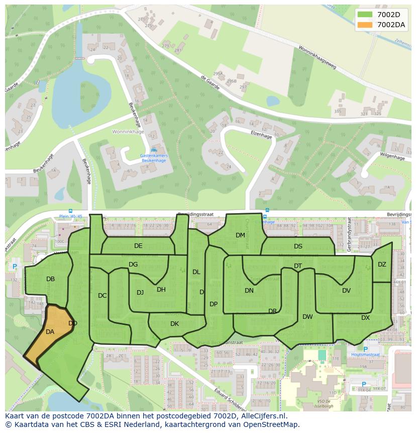 Afbeelding van het postcodegebied 7002 DA op de kaart.