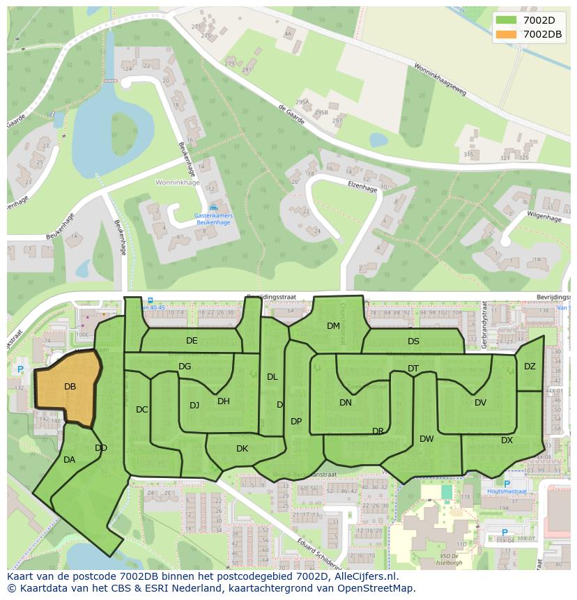 Afbeelding van het postcodegebied 7002 DB op de kaart.