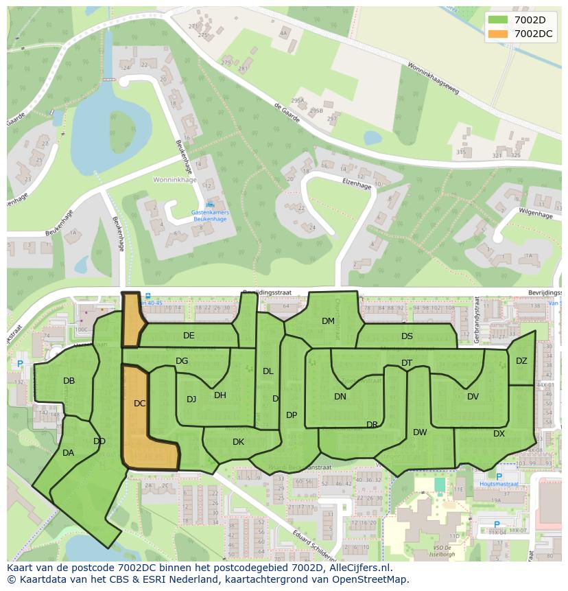 Afbeelding van het postcodegebied 7002 DC op de kaart.