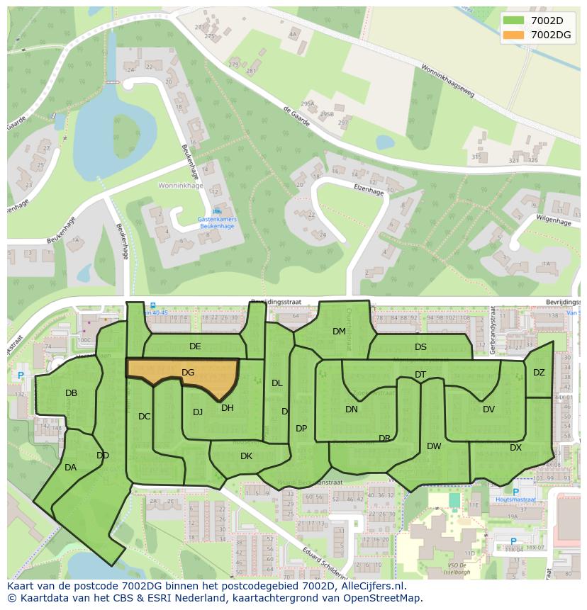 Afbeelding van het postcodegebied 7002 DG op de kaart.