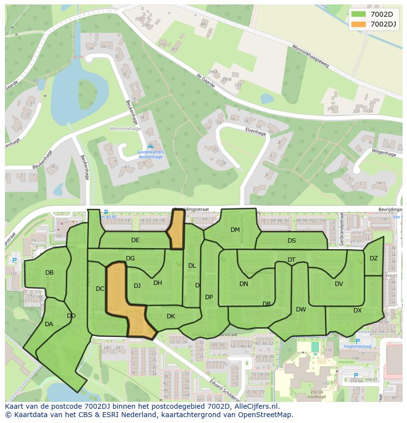 Afbeelding van het postcodegebied 7002 DJ op de kaart.