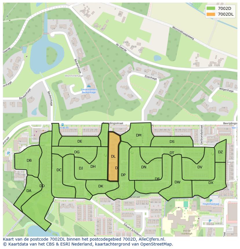 Afbeelding van het postcodegebied 7002 DL op de kaart.