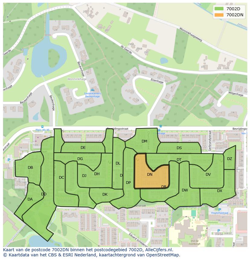 Afbeelding van het postcodegebied 7002 DN op de kaart.