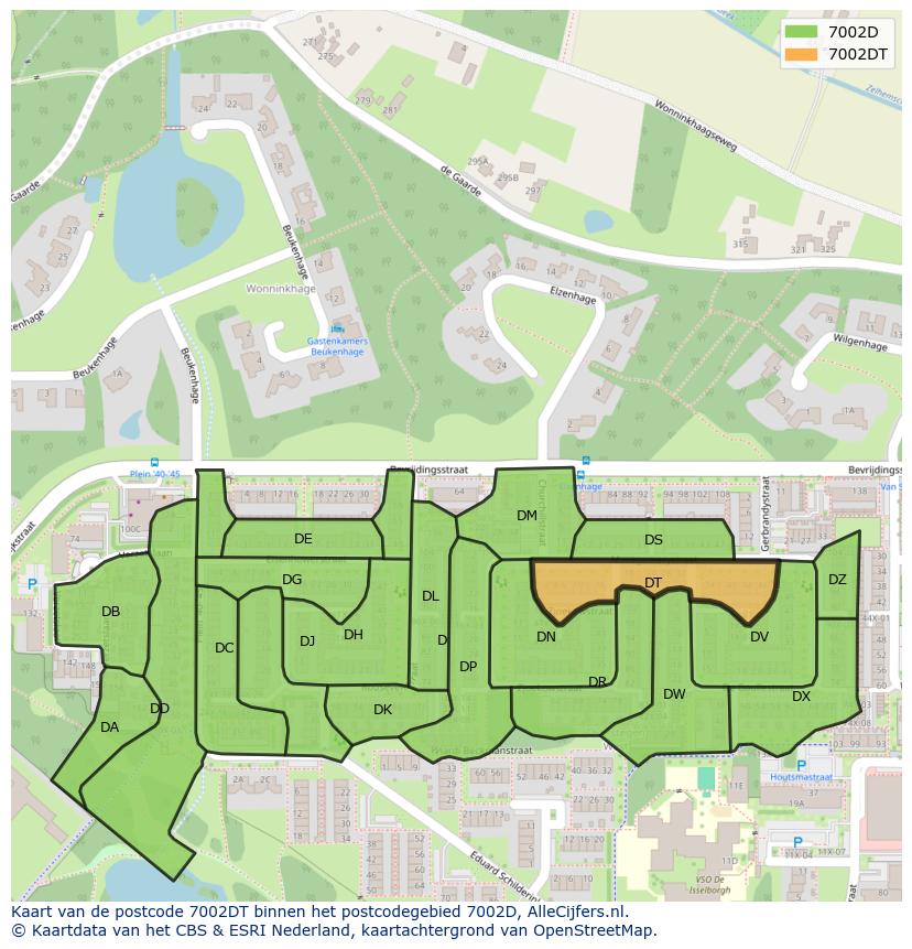 Afbeelding van het postcodegebied 7002 DT op de kaart.