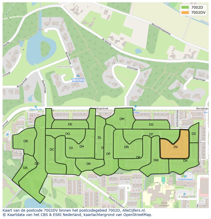 Afbeelding van het postcodegebied 7002 DV op de kaart.