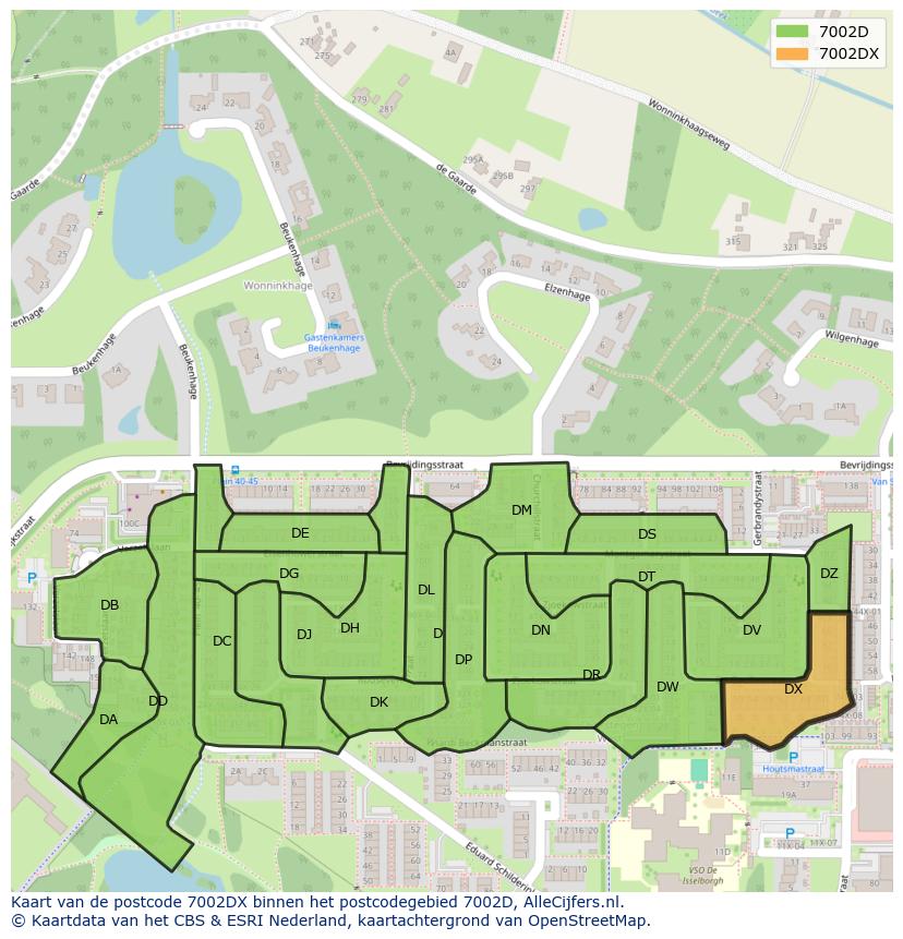 Afbeelding van het postcodegebied 7002 DX op de kaart.