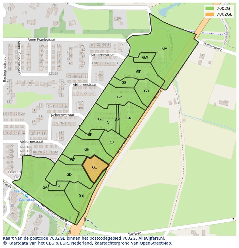 Afbeelding van het postcodegebied 7002 GE op de kaart.